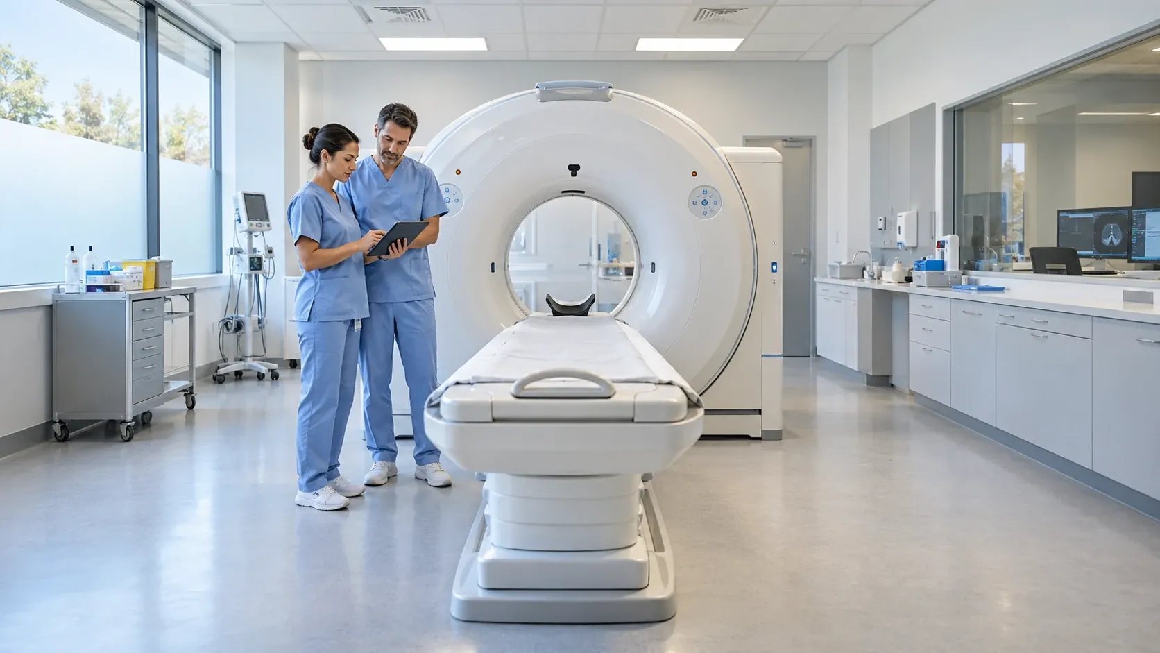 Two clinicians with a tablet beside a CT scanner in an imaging room